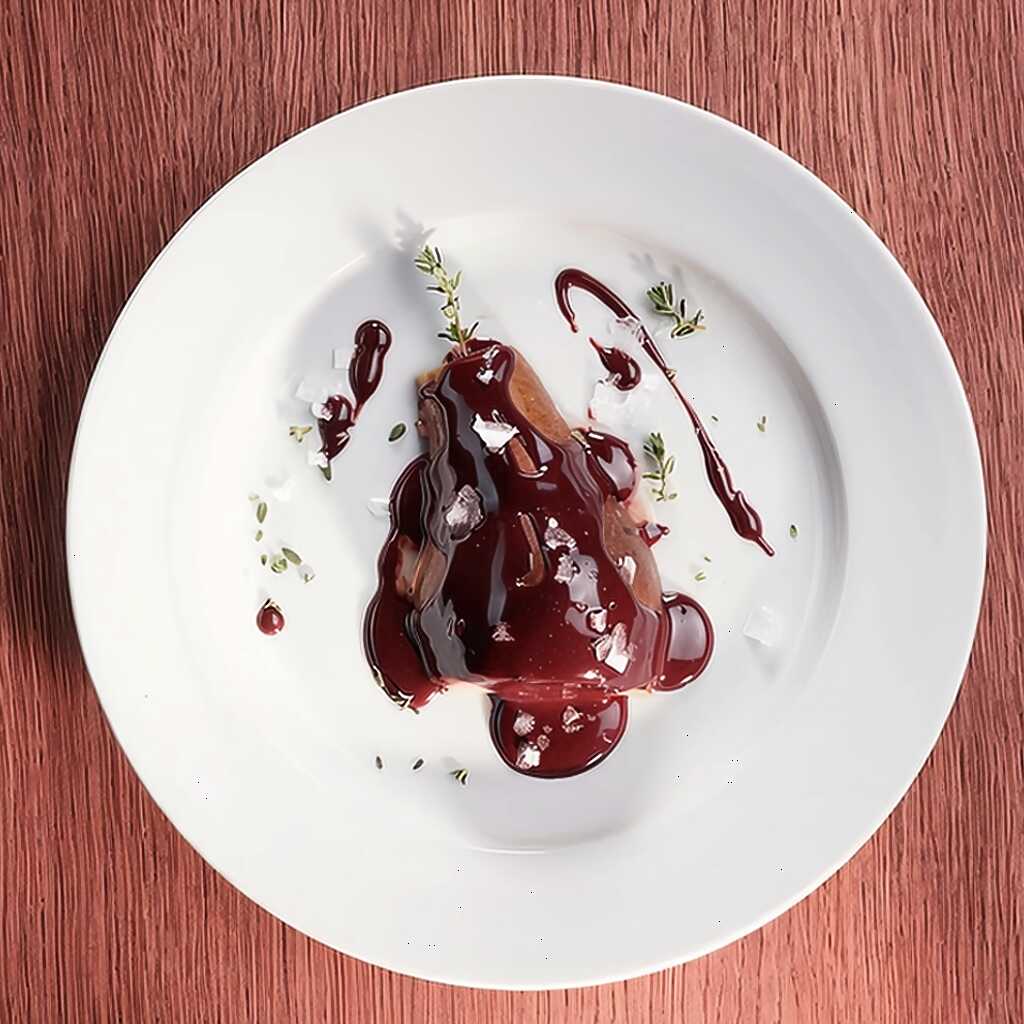 Birne mit Schokoladensauce, Käse und Salzblumen