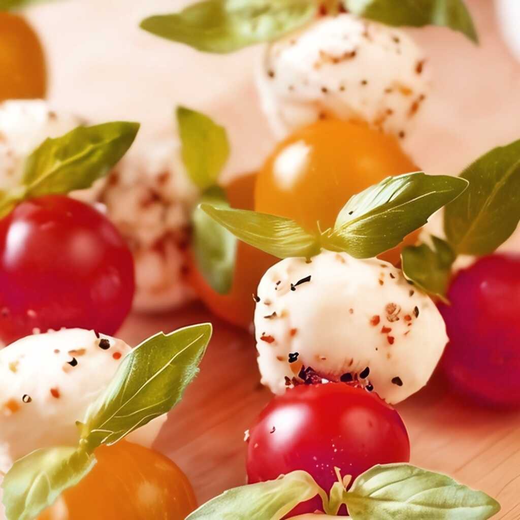 Canapés mit bunten Kirschtomaten, Mozzarellakugeln und Basilikum