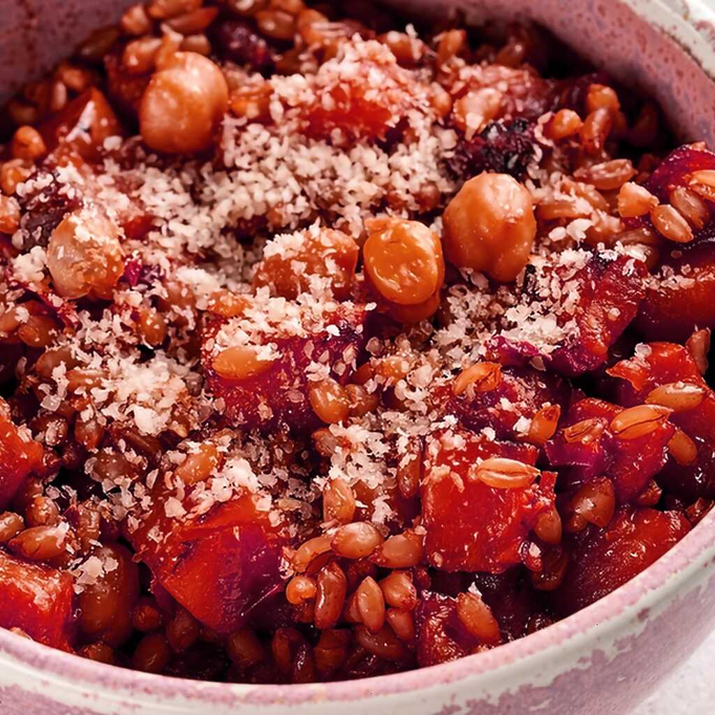 Dinkelsalat mit Kürbis, Kichererbsen und Pinienkernen
