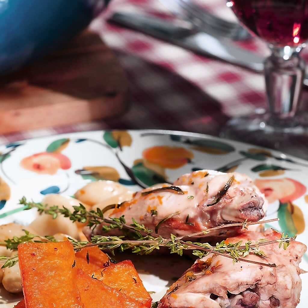 Kaninchen mit Kürbis in Orangensauce