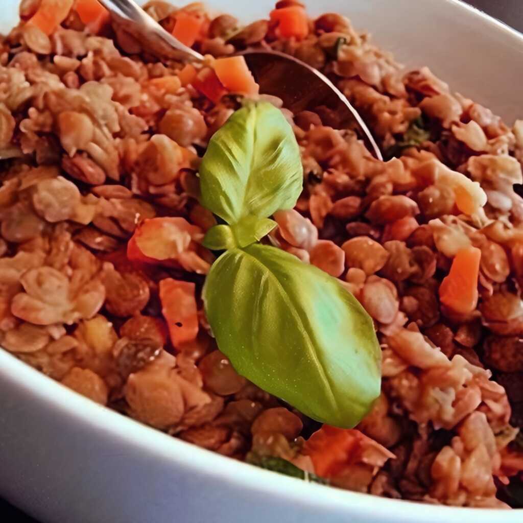 Linsen mit Kartoffeln und Karotten in saurer Sahne
