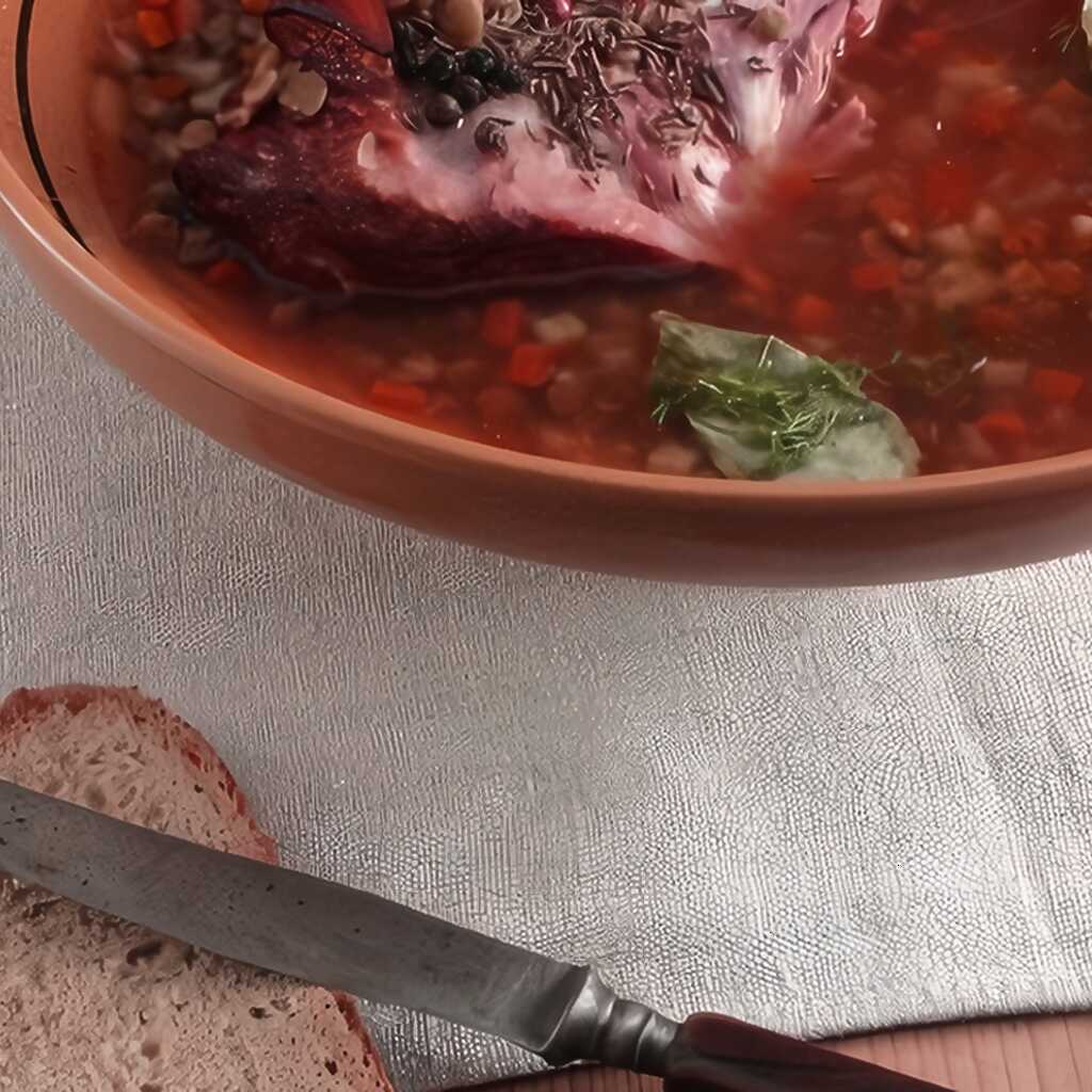 Linsensuppe mit Schweinefleisch und Schimmelkäse