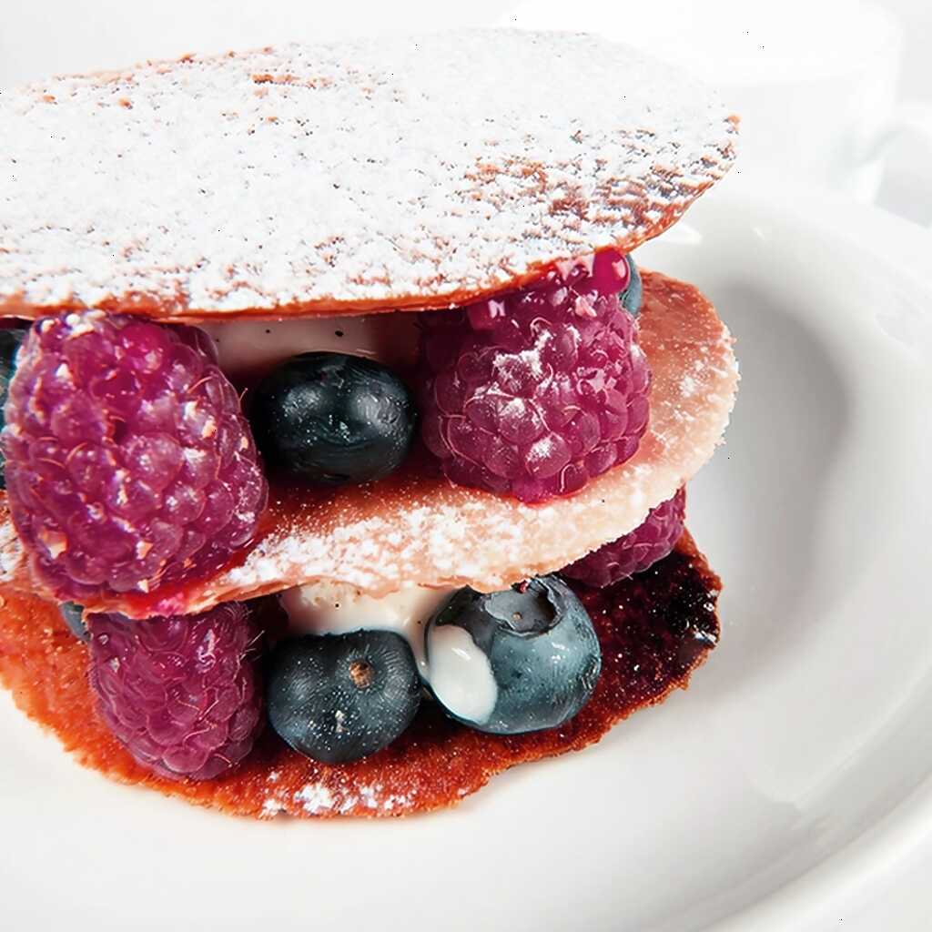 Millefeuille mit Beeren und Honigeis