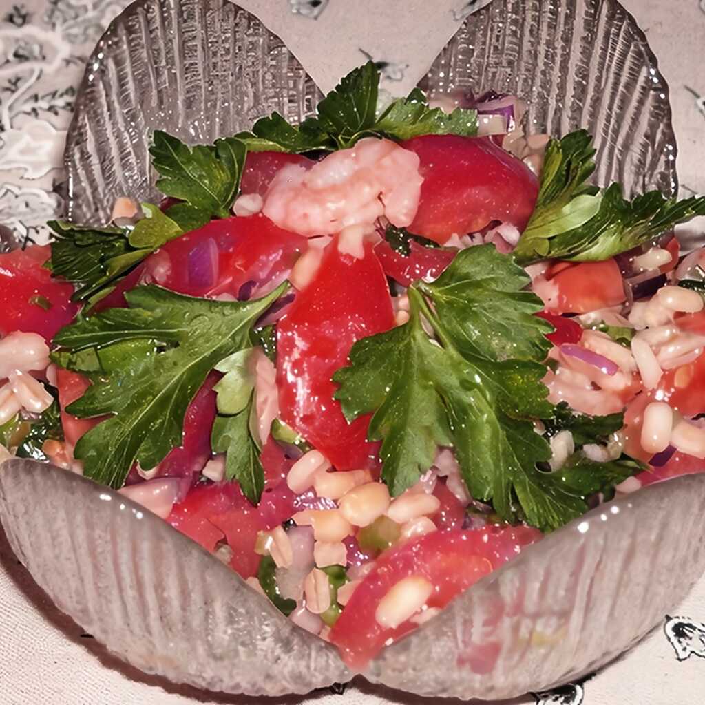 Perlensalat mit Krabben und Tomaten