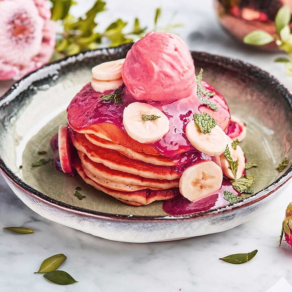 Pfannkuchen mit Banane, Erdbeermarmelade und Eiscreme
