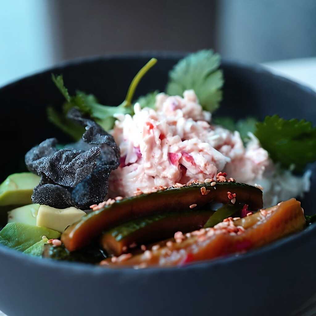 Poke mit Krabben, pochiertem Ei und zerdrückter Gurke