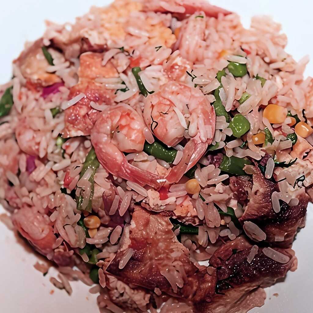 Reis mit Krabben, Gemüse und Omelett