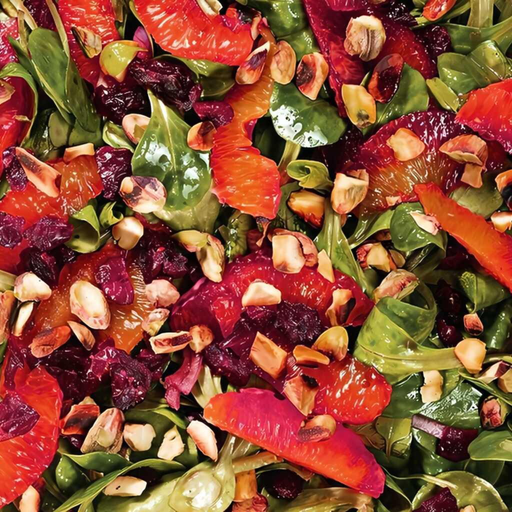 Salat aus Mais, roten Orangen, Pistazien und Granatäpfeln