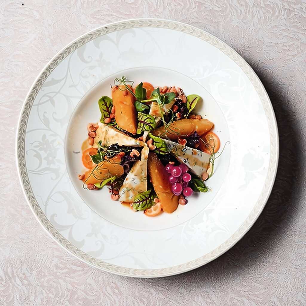 Salat mit Birnenkompott und Blauschimmelkäse