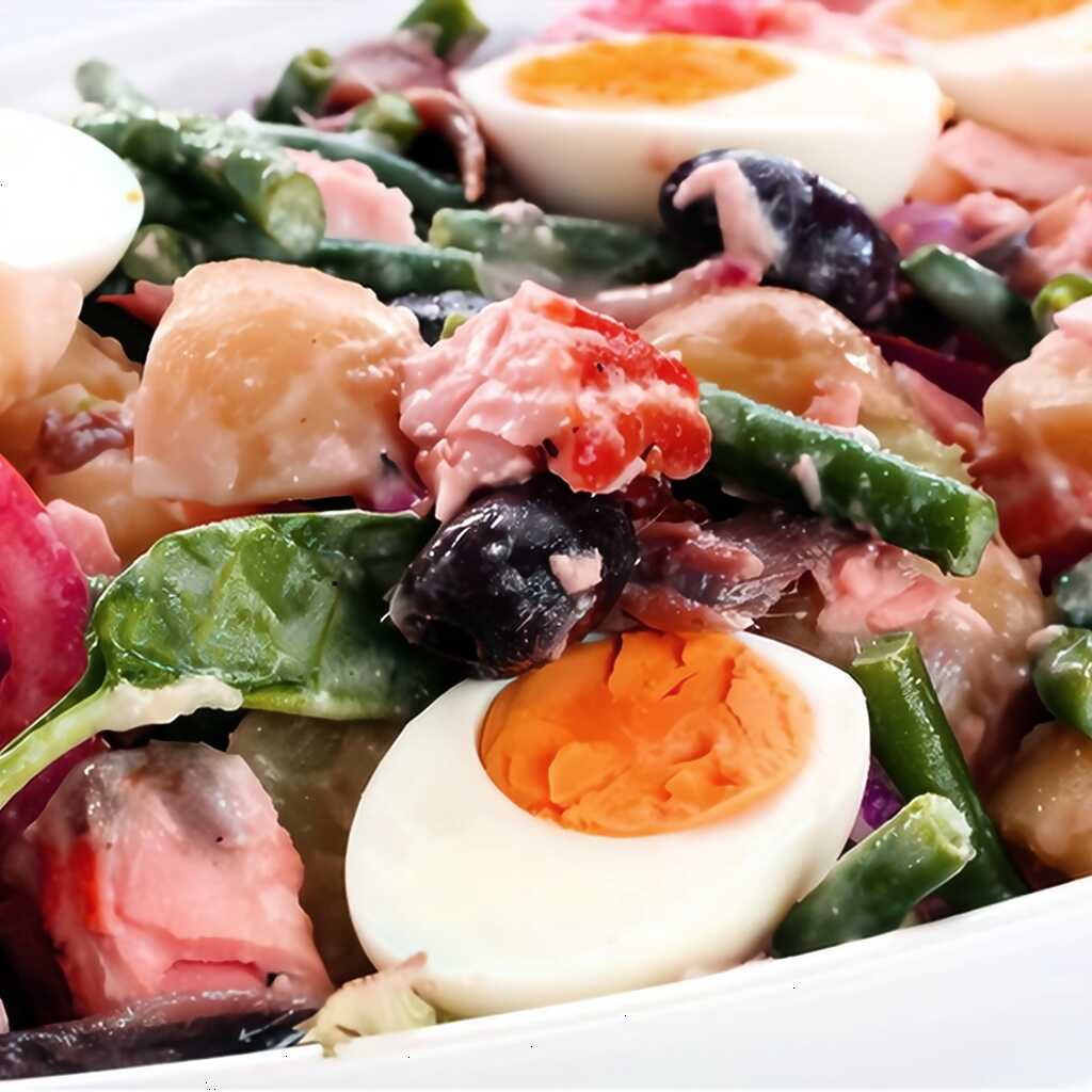 Salat nicoise mit frischem Thunfisch und Senfdressing