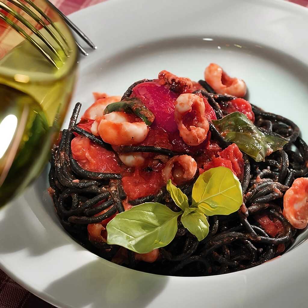 Schwarze Spaghetti mit Tomaten-Tintenfisch-Sauce