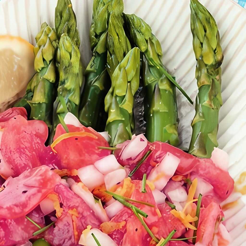 Spargel mit frischer Tomate und grüner Zwiebelsauce