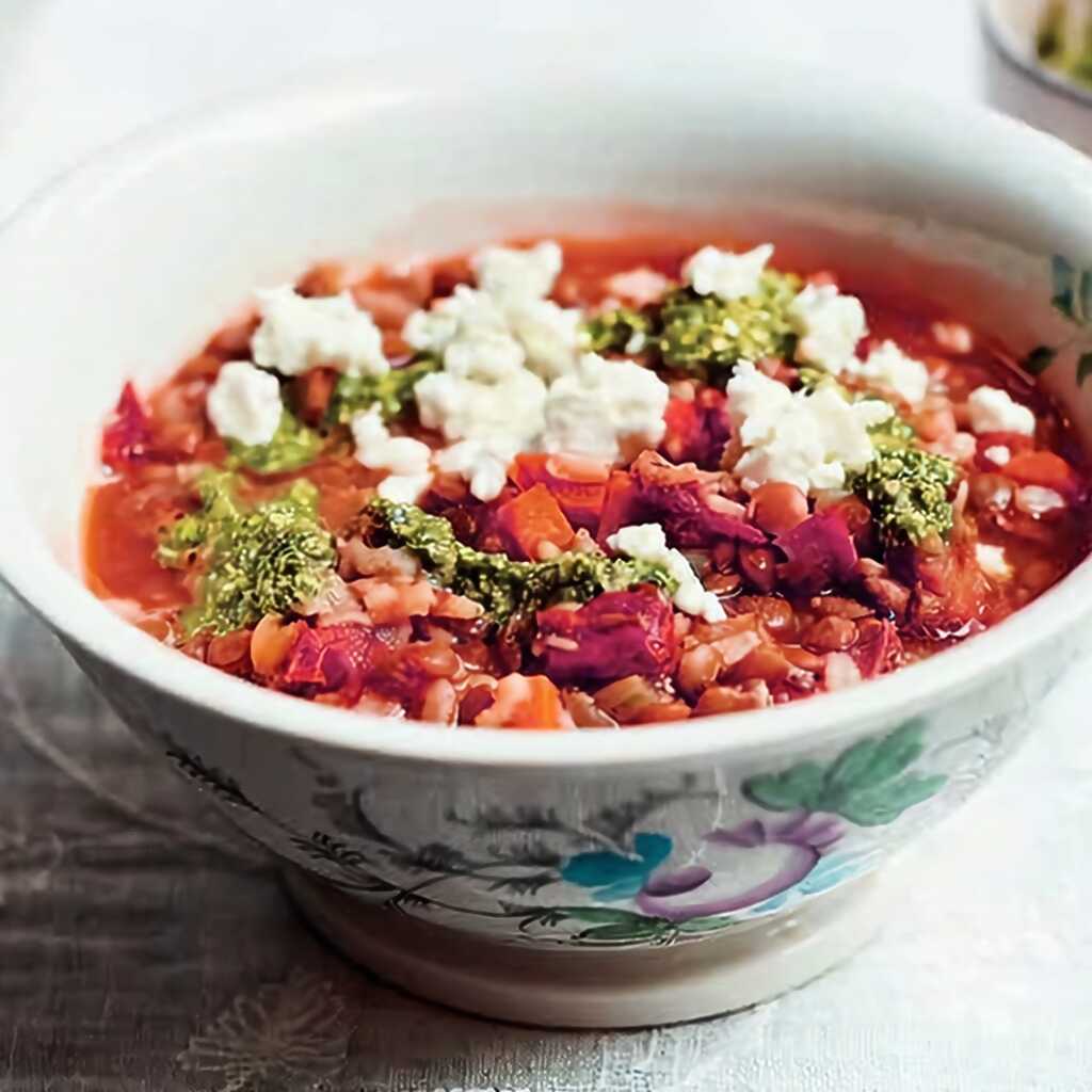 Tadschikische Reissuppe mit grünen Linsen