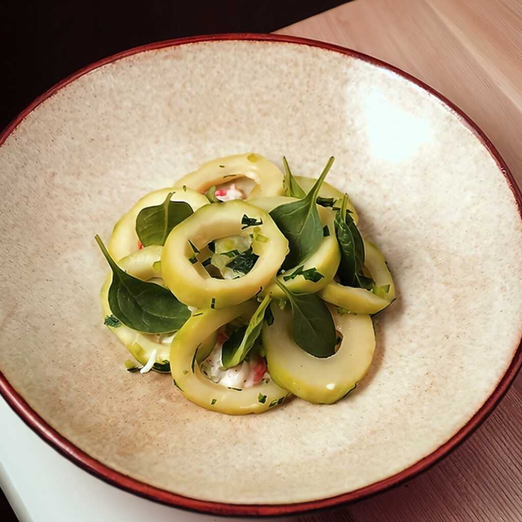 Zucchinisalat mit Kamtschatka-Krabben und Trüffel-Aioli